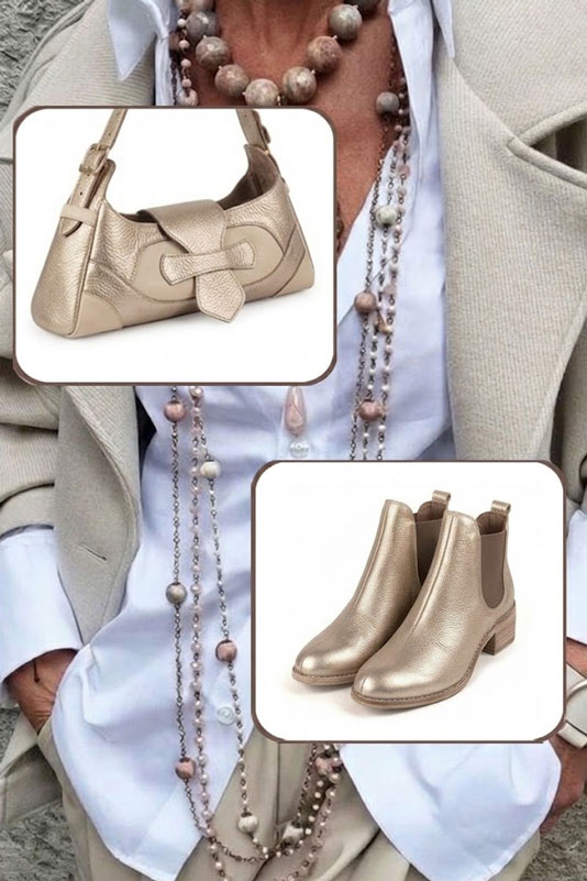Women's gold and bronze solid-color chelsea boots with round toe and leather sole - Top view